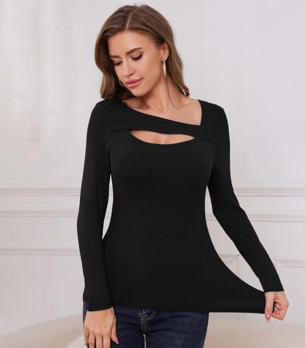 Womens Long Sleeve Shirts Ribbed One Piece Cutout Tops Fashion Slim Fitted Clothes - Image 4