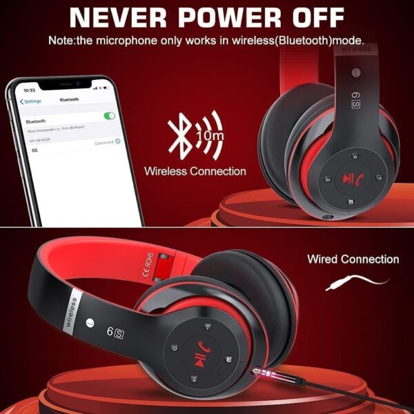 Wireless Bluetooth Headphones Over Ear, Hi-Fi Stereo Foldable Wireless Stereo Headsets Earbuds with Built-in Mic, Volume Control, FM for iPhone/Samsung/iPad/PC (Black & Red) - Image 5