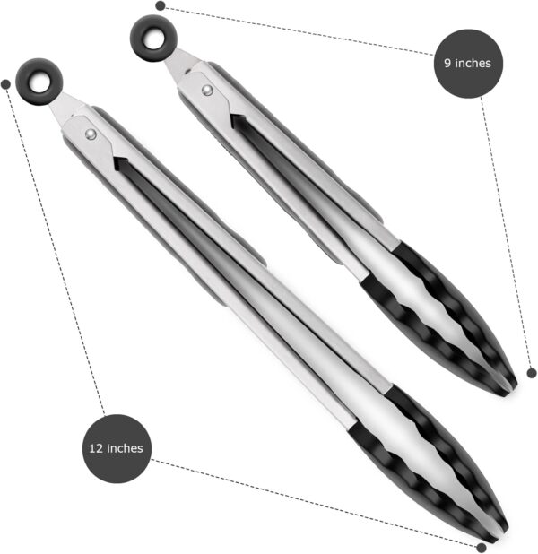 2 Pack Black Kitchen Tongs, Premium Silicone BPA Free Non-Stick Stainless Steel BBQ Cooking Grilling Locking Food Tongs, 9-Inch & 12-Inch - Image 4