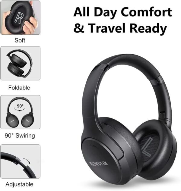 RUNOLIM Hybrid Active Noise Cancelling Headphones, Wireless Over Ear Bluetooth Headphones with Microphone, 70H Playtime, Foldable Headphones with HiFi Audio, Deep Bass for Home Travel Office - Image 4