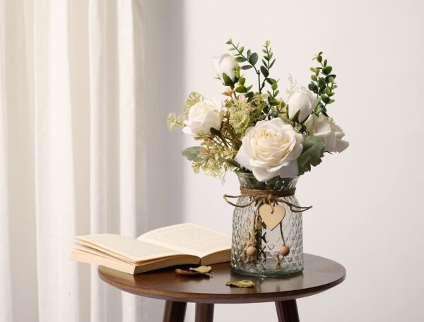 YJ Fake Flowers with Vase, Silk Roses Artificial Flowers in Vase, Faux Flower Arrangement with Vase Suitable for Home Office Decoration, Dining Table Centerpiece(White) - Image 2