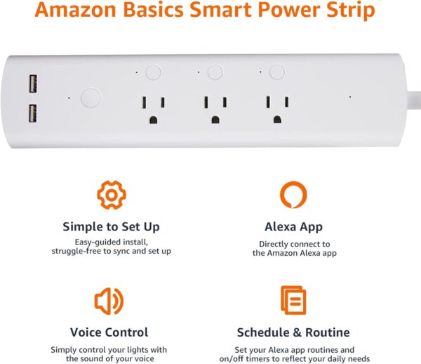 Amazon Basics Smart Plug Power Strip with 3 Controllable Outlets and 2 USB-A, Works with Alexa Only, 2.4 GHz Wi-Fi, White - Image 2