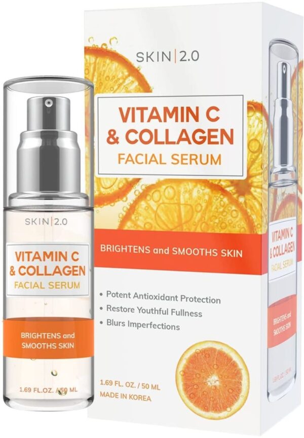 Vitamin C Serum With Collagen - Dermatologist Tested Korean Skin Care for Dark Spots & Skin Brightening - Anti Aging & Acne Facial Serum - Cruelty Free - For All Skin Types - 1.69Fl. oz by Skin 2.0