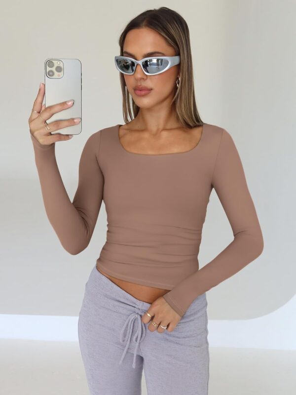 Trendy Queen Womens Long Sleeve Shirts Crop Tops Basic Double Layering Tight Slim Fit Y2K T Shirts Winter Clothes 2024 - Image 2