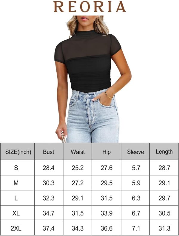 REORIA Women's Sexy Mock Turtle Neck Short Sleeve Shirts Sheer Mesh Ruched Trendy Going Out Bodysuits Tops - Image 6