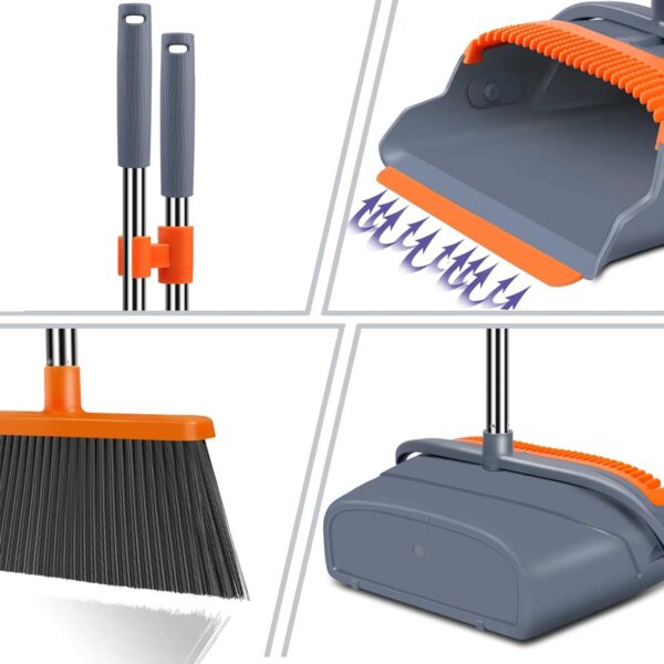 kelamayi Upgrade Broom and Dustpan Set, Self-Cleaning with Dustpan Teeth, Indoor&Outdoor Sweeping, Ideal for Dog Cat Pets Home Use, Stand Up Broom and Dustpan (Gray&Orange) - Image 3