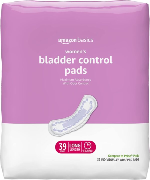 Amazon Basics Incontinence, Bladder Control & Postpartum Pads for Women, Maximum Absorbency, Long Length, Unscented, 39 Count (Pack of 1), (Previously Solimo)