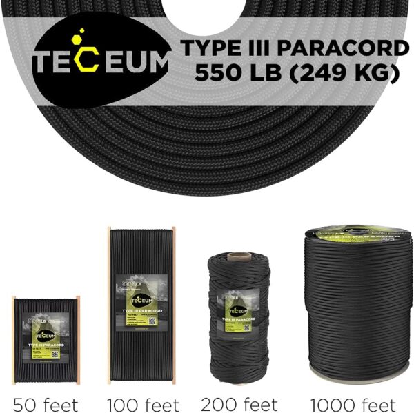 TECEUM Paracord Rope 1000 – 1000ft / 200ft / 120ft / 100ft / 50ft – Tactical Parachute Cord – 45+ Colors – Ideal Nylon String for Survival & Camping Gear – Stripe Cord for Survival – Utility Rope - Image 9