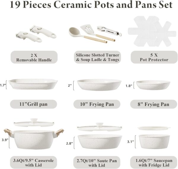 19 Pcs Pots and Pans Set Non Stick Ceramic Cookware Set with Removable Handles, Non Toxic Induction Kitchen Cookware Sets RV Cookware,Dishwasher/Oven Safe PFAS/PTFE/PFOA Free Cream White - Image 2