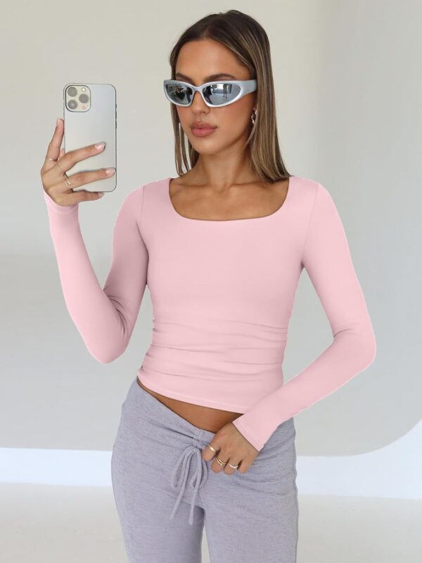 Trendy Queen Womens Long Sleeve Shirts Crop Tops Basic Double Layering Tight Slim Fit Y2K T Shirts Winter Clothes 2024 - Image 2