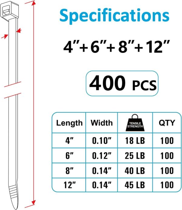 Zip Ties Assorted Sizes(4”+6”+8”+12”), 400 Pack, Black Cable Ties, UV Resistant Wire Ties by ANOSON - Image 2