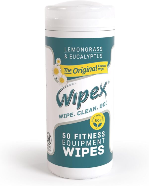 Wipex Fitness Equipment Wipes - Original Natural Plant Based Gym Wipes for Equipment, Clean Surfaces at Home or Gym, Use as a Yoga Mat Cleaner, Lemongrass, Eucalyptus & Vinegar, 50 Count (Pack of 1)