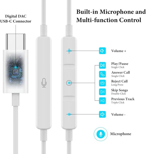 USB C Headphones for iPad Pro iPhone 15 16 Pro,USB Type C Earphones HiFi Stereo USB C Wired Earbuds with Microphone Volume Control for Samsung S23 Ultra S22 S21 Note20 A54,Pixel 7 6 6a 5 4,OnePlus 9 - Image 3