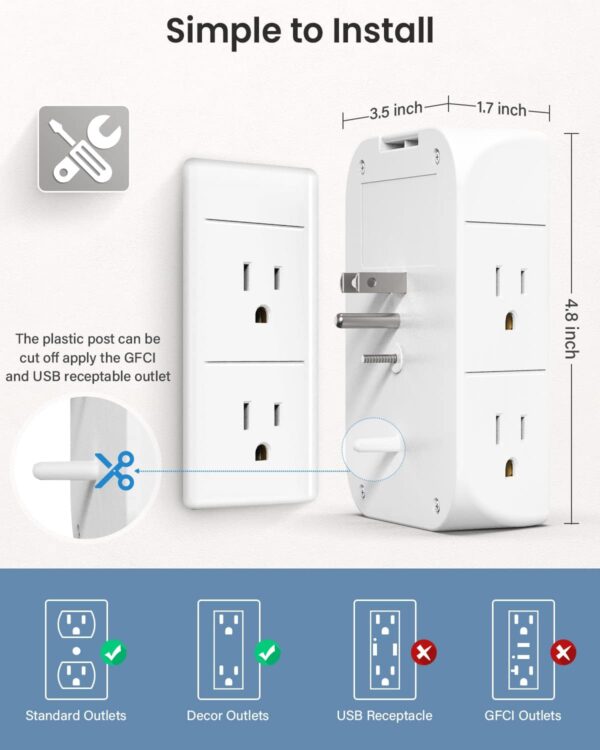 Wall Outlet Extender with Shelf and Night Light,Surge Protector,USB Wall Charger with 5 AC Outlets and 3 USB Ports 1 USB C Outlet Wide Space 3-Sided Power Strip Multi Plug Outlets… - Image 7