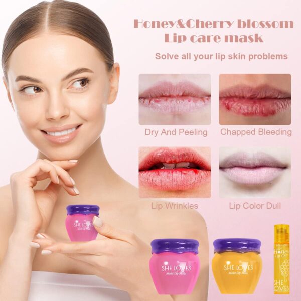 2PCS Lip Mask Overnight, Honey&Sakura Day and Night Repair Sleeping Lip Balm, Fade Lip Lines Bee Balm, Hydrating &Prevention Dry and Crack Lip Scrubs Exfoliator - Image 3