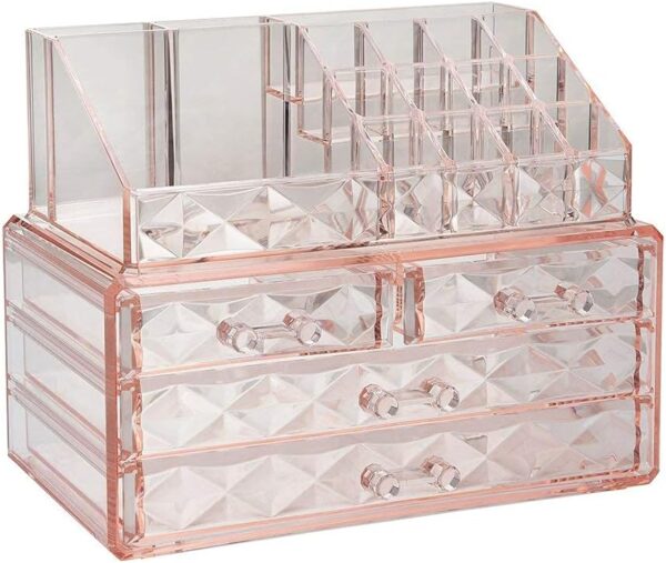 ZHIAI Makeup Organizer, Makeup Storage Organizer with Drawers, Easy Storage for Beauty Products Brushes 14 lipstick Compartments Cosmetic Display Cases for Dressers, Bathrooms and Jewelry Organizers