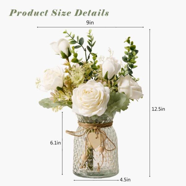 YJ Fake Flowers with Vase, Silk Roses Artificial Flowers in Vase, Faux Flower Arrangement with Vase Suitable for Home Office Decoration, Dining Table Centerpiece(White) - Image 3