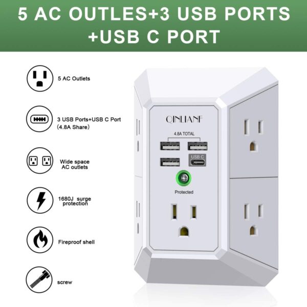 Wall Charger, Surge Protector, QINLIANF 5 Outlet Extender with 4 USB Charging Ports (4.8A Total) 3-Sided 1680J Power Strip Multi Plug Adapter Spaced for Home Travel Office (3U1C) - Image 2