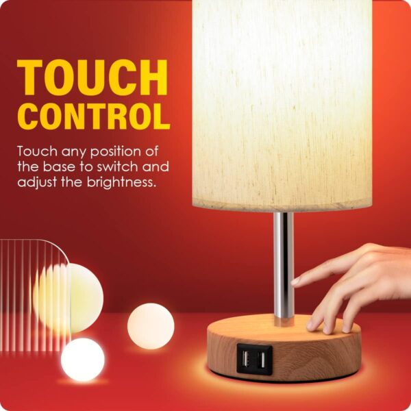 Yarra-Decor Bedside Table Lamp with USB Port - Touch Control for Bedroom Wood 3 Way Dimmable Nightstand Lamp with Round Flaxen Fabric Shade for Living Room, Dorm, Home Office (LED Bulb Included) - Image 4