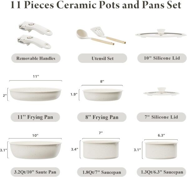 11 Pcs Pots and Pans Set Non Stick with Removable Handles,Ceramic Cookware Set Non Toxic,Induction Kitchen Cooking Sets,Nonstick RV Cookware,Dishwasher/Oven Safe,PFAS/PTFE/PFOA Free,Cream White - Image 2