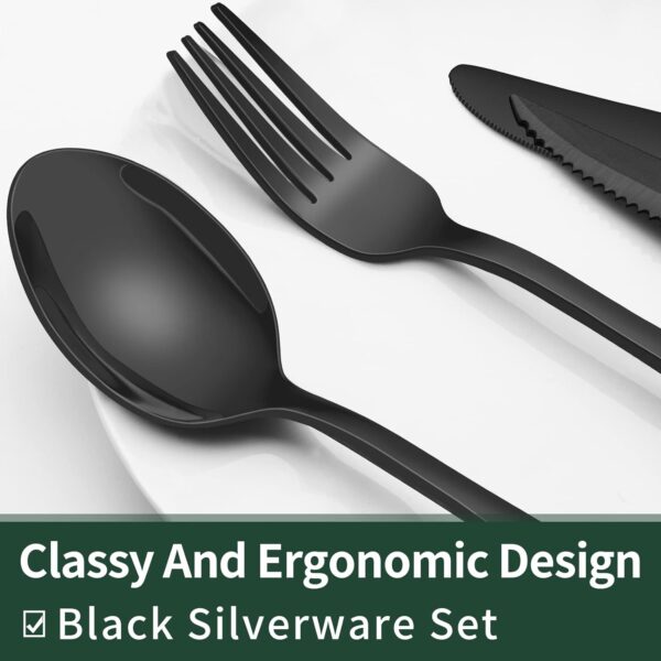 24-Piece Black Silverware Set with Steak Knives, Black Flatware Set for 4, Food-Grade Stainless Steel Tableware Cutlery Set, Mirror Finished Utensil Sets for Home Restaurant - Image 3