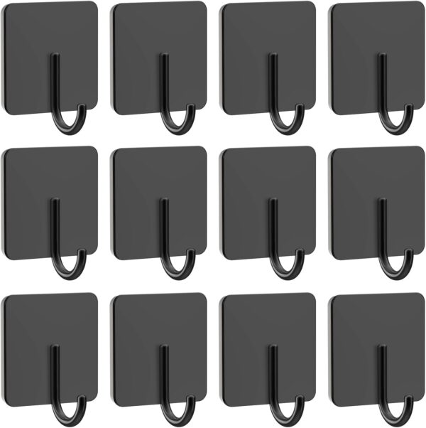 12 Pack Stainless Steel Heavy Duty Adhesive Towel Hooks for Bathrooms, Kitchen Towel Hooks, Waterproof Bathroom Hooks for Towels, Wall Hooks for Hanging, Adhesive Shower Coat Hook, Black