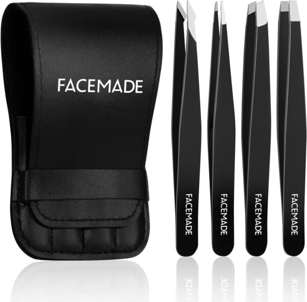 4 Pack Tweezers Set - Professional Stainless Steel Tweezers for Men and Women, Precision Eyebrow Tweezers for Facial Hair, Chin, and Ingrown Hair Removal (Black)