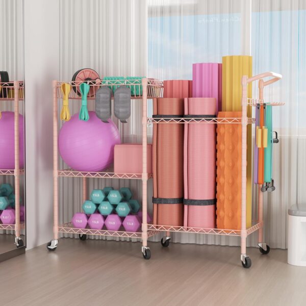 SINGAYE Dumbbell Rack, Balls Workout Equipment Storage Organizer Yoga Mat with Hooks basketball holder weight and Wheels for Organizing Workout Room, Home Gym Storage Black - Image 4