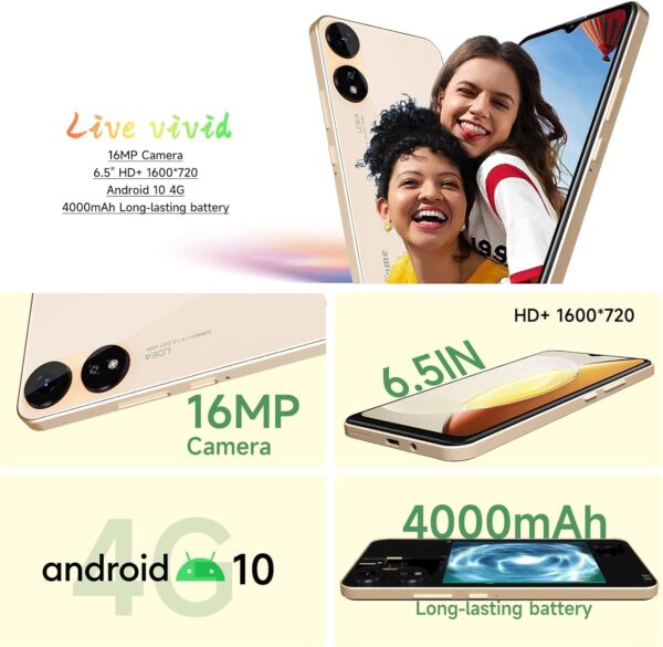 X1 2024 New 4G LTE GSM Unlocked Cell Phone 6.5” HD+ Screen Mobile Phones 4000mAh Android 10 Smart Phone 16MP Smartphone Dual SIM (for T-Mobile Metro Mint Tello USA Market) Face Unlock (Gold) - Image 3