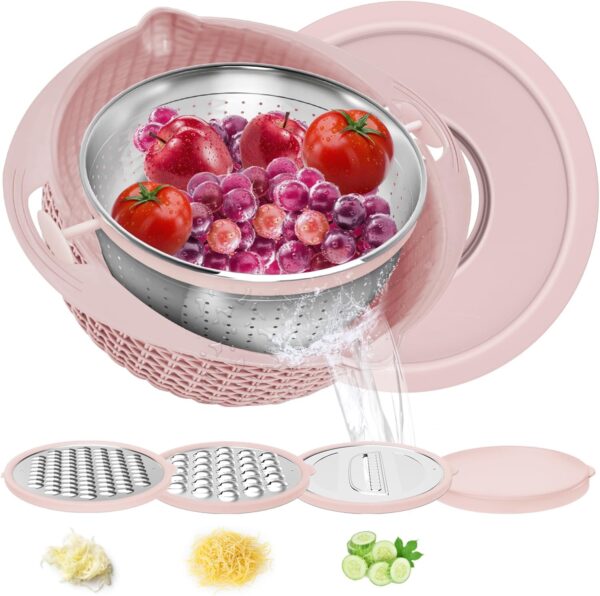 4 in 1 Colander with Mixing Bowl Set, Double-Layer Rotatable Colander Drain Basket with Lid and Slicer, Fruit Cleaner, Vegetable Washing, Rice Rinser Strainer for Homes Kitchen (Pink)