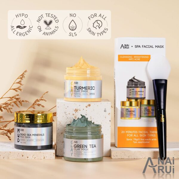 ANAI RUI Turmeric Clay Mask - Green Tea Clay Mask - Dead Sea Minerals Mud Mask, Spa Facial Mask Set, Face Mask Gift Set 2.5 oz each - Image 8