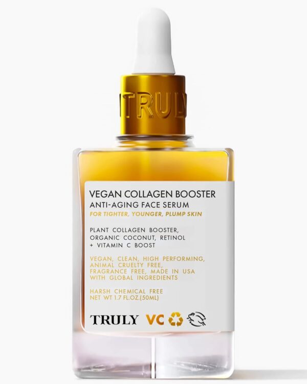 Truly Beauty Vegan Collagen Booster Anti-Aging Serum with Retinol, Vitamin C, and Organic Coconut Collagen Serum for Face Tightens Loose Skin, Fade Age Spots, and Discoloration, 1.7 Fl Oz.