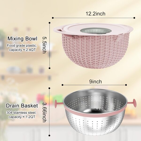 4 in 1 Colander with Mixing Bowl Set, Double-Layer Rotatable Colander Drain Basket with Lid and Slicer, Fruit Cleaner, Vegetable Washing, Rice Rinser Strainer for Homes Kitchen (Pink) - Image 3