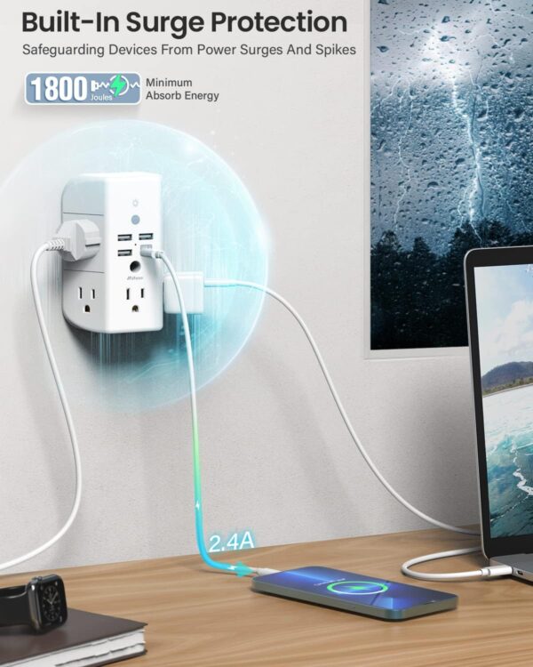 Wall Outlet Extender with Shelf and Night Light,Surge Protector,USB Wall Charger with 5 AC Outlets and 3 USB Ports 1 USB C Outlet Wide Space 3-Sided Power Strip Multi Plug Outlets… - Image 5