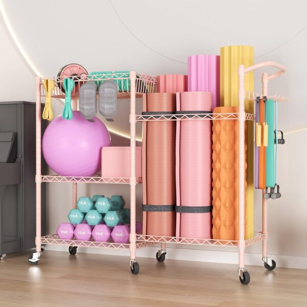 SINGAYE Dumbbell Rack, Balls Workout Equipment Storage Organizer Yoga Mat with Hooks basketball holder weight and Wheels for Organizing Workout Room, Home Gym Storage Black - Image 8