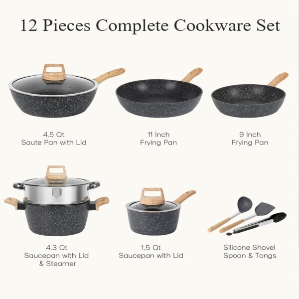 12pcs Pots and Pans Set Non Stick Kitchen Cookware Sets Induction Cookware Nonstick Granite Cooking Set with Frying Pans, Saucepans, Steamer Silicone Shovel Spoon & Tongs (Black) - Image 2