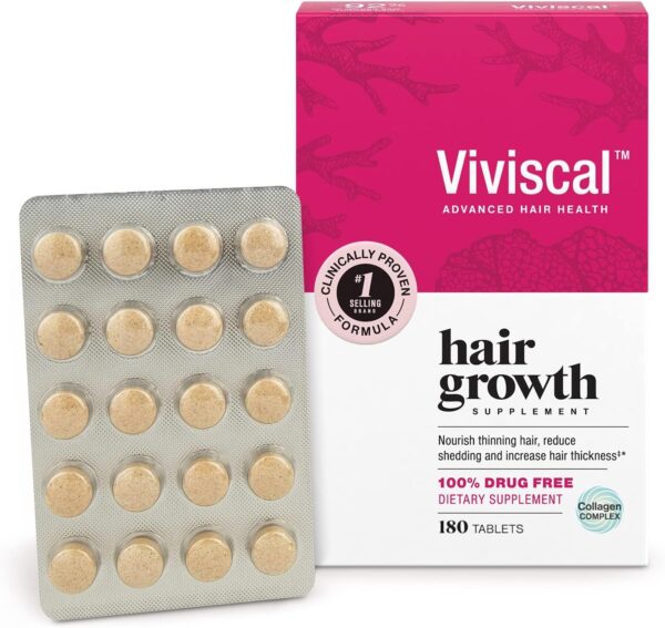 Viviscal Hair Growth Supplements for Women, Clinically Proven Hair Growth Product with Proprietary Collagen Complex, Results of Thicker, Fuller Hair Nourish Hair Loss, 180 Tablets - 3 Month Supply