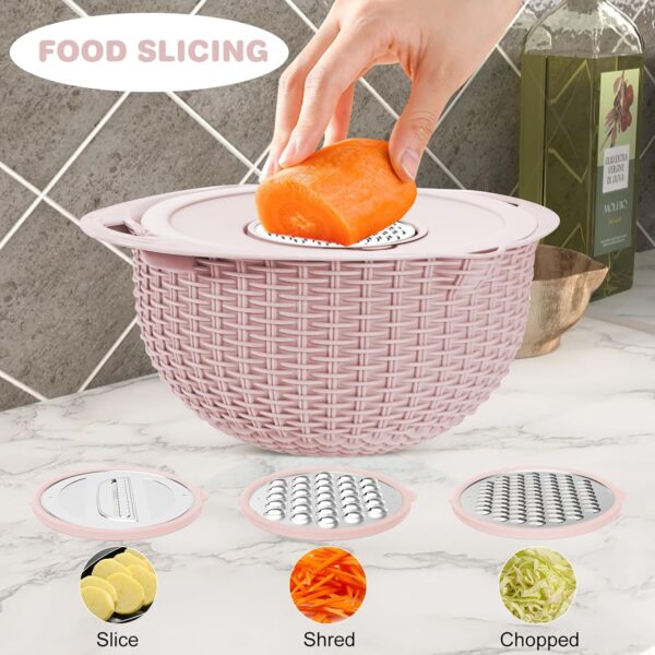 4 in 1 Colander with Mixing Bowl Set, Double-Layer Rotatable Colander Drain Basket with Lid and Slicer, Fruit Cleaner, Vegetable Washing, Rice Rinser Strainer for Homes Kitchen (Pink) - Image 6