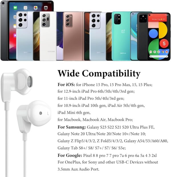 USB C Headphones for iPad Pro iPhone 15 16 Pro,USB Type C Earphones HiFi Stereo USB C Wired Earbuds with Microphone Volume Control for Samsung S23 Ultra S22 S21 Note20 A54,Pixel 7 6 6a 5 4,OnePlus 9 - Image 8