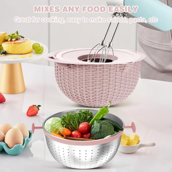 4 in 1 Colander with Mixing Bowl Set, Double-Layer Rotatable Colander Drain Basket with Lid and Slicer, Fruit Cleaner, Vegetable Washing, Rice Rinser Strainer for Homes Kitchen (Pink) - Image 7