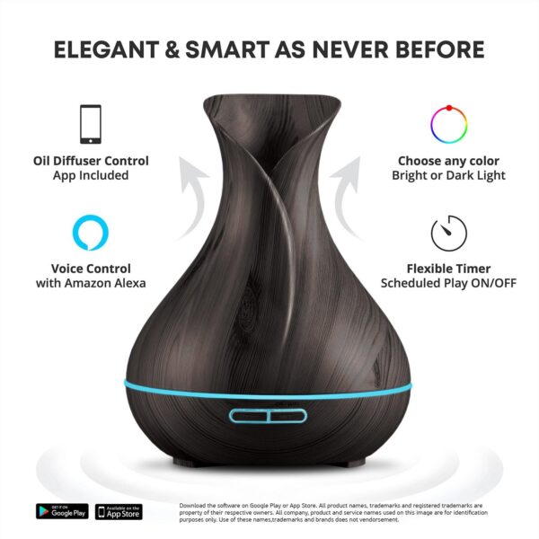 Smart WiFi Wireless Essential Oil Aromatherapy 400ml Ultrasonic Diffuser & Humidifier with Alexa & Google Home Phone App & Voice Control - Create Schedules - LED & Timer Settings Dark Brown - Image 2