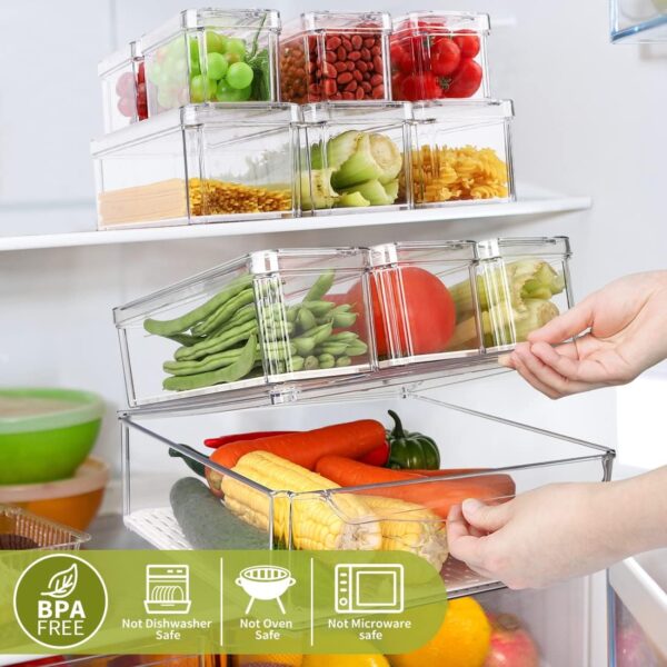 10 Pack Refrigerator Pantry Organizer Bins, Stackable Fridge Organizer Bins with Lids, Clear Plastic Food Storage Bins for Kitchen, Countertops, Cabinets, Fridge, Drinks, Fruits, Vegetable, Cereals - Image 2