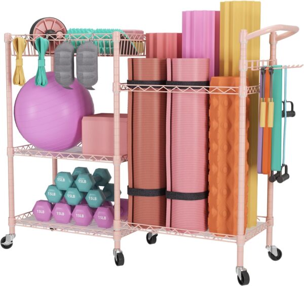 SINGAYE Dumbbell Rack, Balls Workout Equipment Storage Organizer Yoga Mat with Hooks basketball holder weight and Wheels for Organizing Workout Room, Home Gym Storage Black