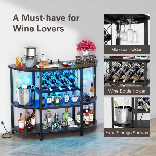 Zarler Bar Table Cabinet with Power Outlet, LED Home Mini Bar Cabinet for Liquor, Metal Wine Bar Stand with 4-Tier Storage, Easy to Assemble, Black - Image 6