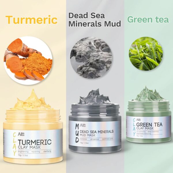 ANAI RUI Turmeric Clay Mask - Green Tea Clay Mask - Dead Sea Minerals Mud Mask, Spa Facial Mask Set, Face Mask Gift Set 2.5 oz each - Image 2