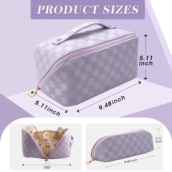 Abiudeng 2 piece Travel Makeup Bag,Large Capacity Cosmetic Bags Toiletry Bag for Travel Essentials,Waterproof Portable Pouch Open Flat Makeup bag Organizer with Divider and Handle(Purple Grid) - Image 2