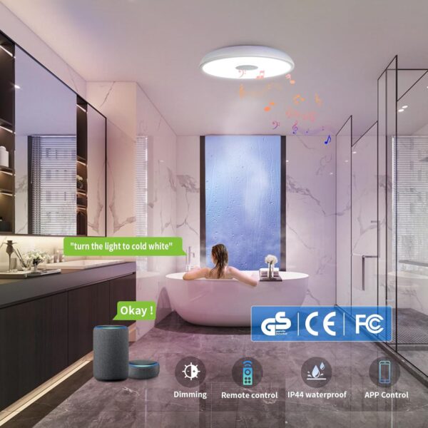 Smart Waterproof LED Ceiling Light Fixture,11 inch 18W,with Bluetooth Speaker,RGB Color Changing function-2700k-6500k Dimmable Lamp,Tuya Application Control-Compatible with Alexa Google Home - Image 2