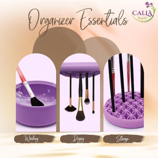 3 in 1 Silicone Makeup Brush Cleaner - Make up Brush Cleaner Mat with Makeup Brush Drying Rack & Brush Organizer, Silicone Washing Tool Cleaning Bowl for Beauty Cosmetic Brushes (Purple) - Image 6