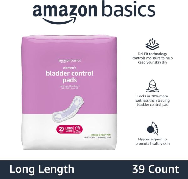 Amazon Basics Incontinence, Bladder Control & Postpartum Pads for Women, Maximum Absorbency, Long Length, Unscented, 39 Count (Pack of 1), (Previously Solimo) - Image 2