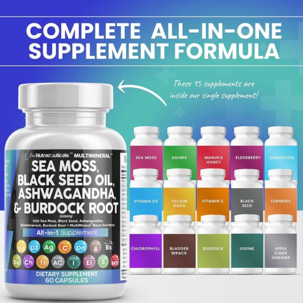 Sea Moss 3000mg Black Seed Oil 2000mg Ashwagandha 1000mg Turmeric 1000mg Bladderwrack 1000mg Burdock 1000mg & Vitamin C & D3 with Elderberry Manuka Dandelion Yellow Dock Iodine Chlorophyll ACV - Image 2